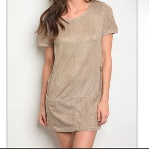Soft Suede Khaki Dress with Gold Zipper and Gold Snap Button Detail